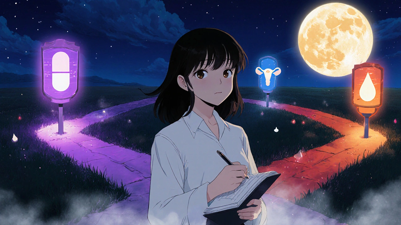 Woman at a crossroads with lanterns representing contraception, acne, and bleeding.