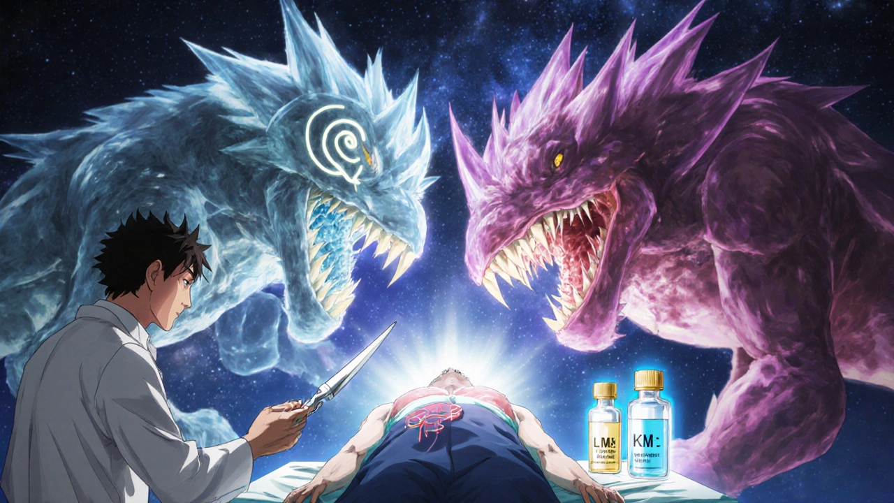 A doctor battling antibody monsters above a patient on a floating table, with prednisone and azathioprine glowing as sacred relics.