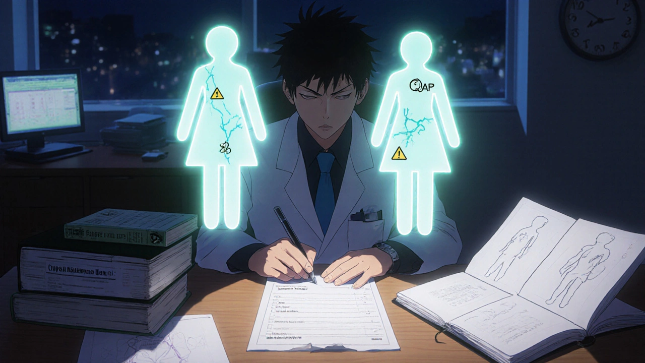 A doctor stares at a prescription with male and female physiological outlines, one cracked and glowing with side effect warnings.