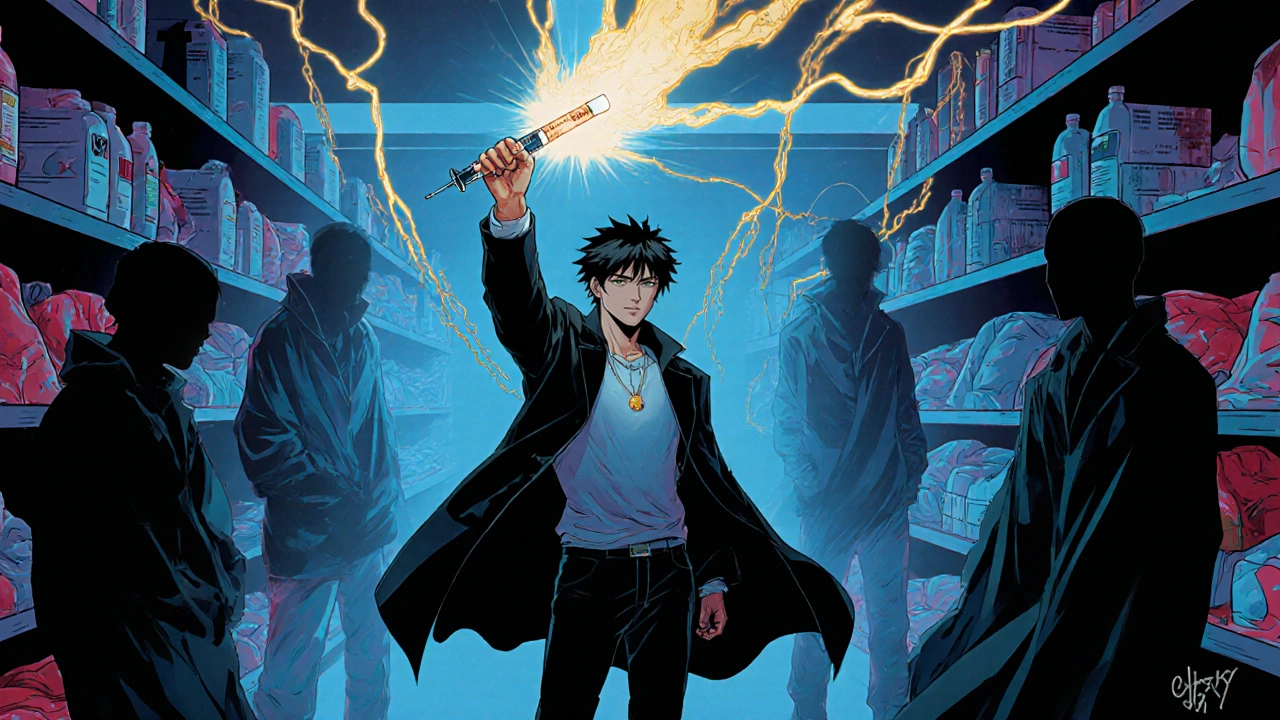 A figure holds up a glowing naloxone injector, repelling shadowy drug entities in a neon pharmacy, saving unconscious silhouettes.