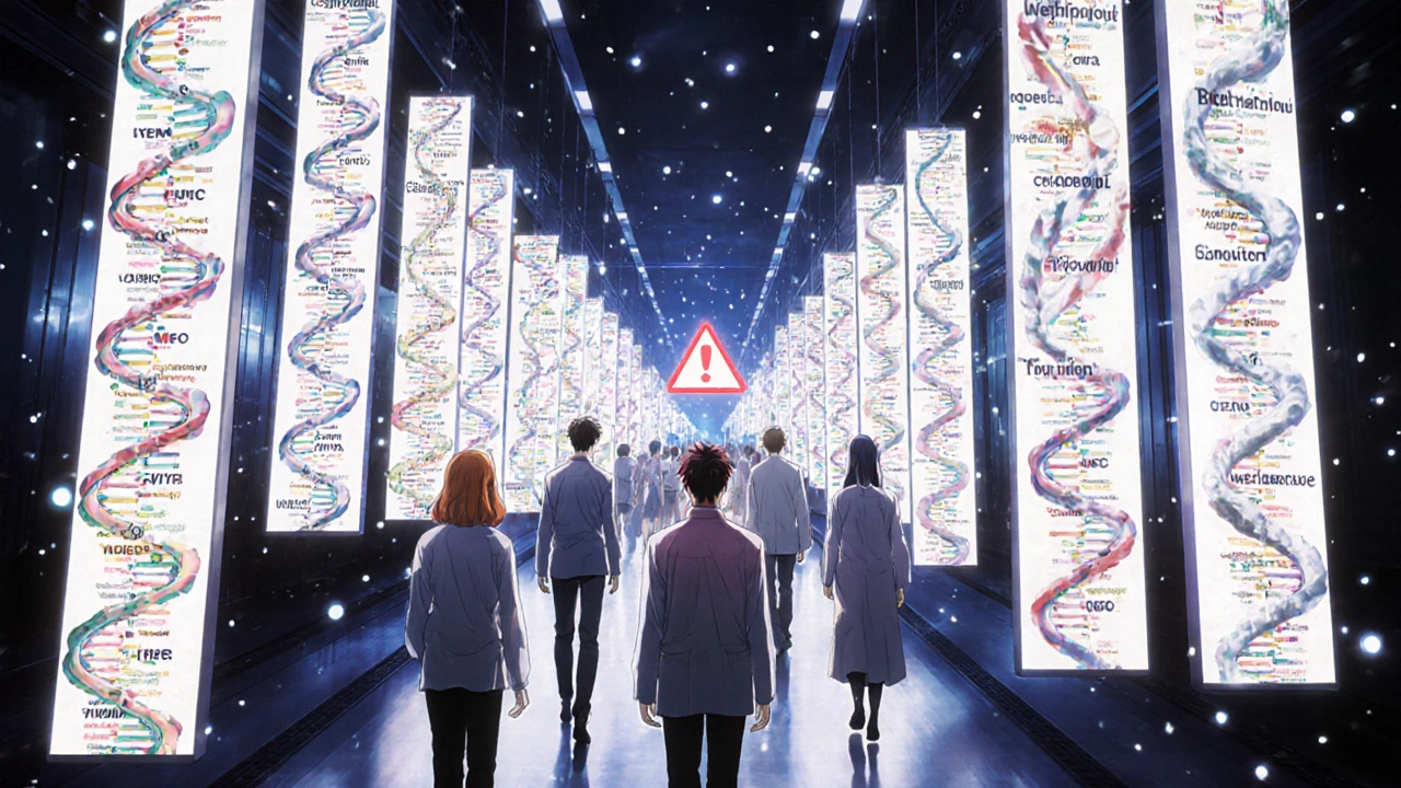 A futuristic genetic library with glowing DNA strands labeled by medications, diverse patients walking beneath them.