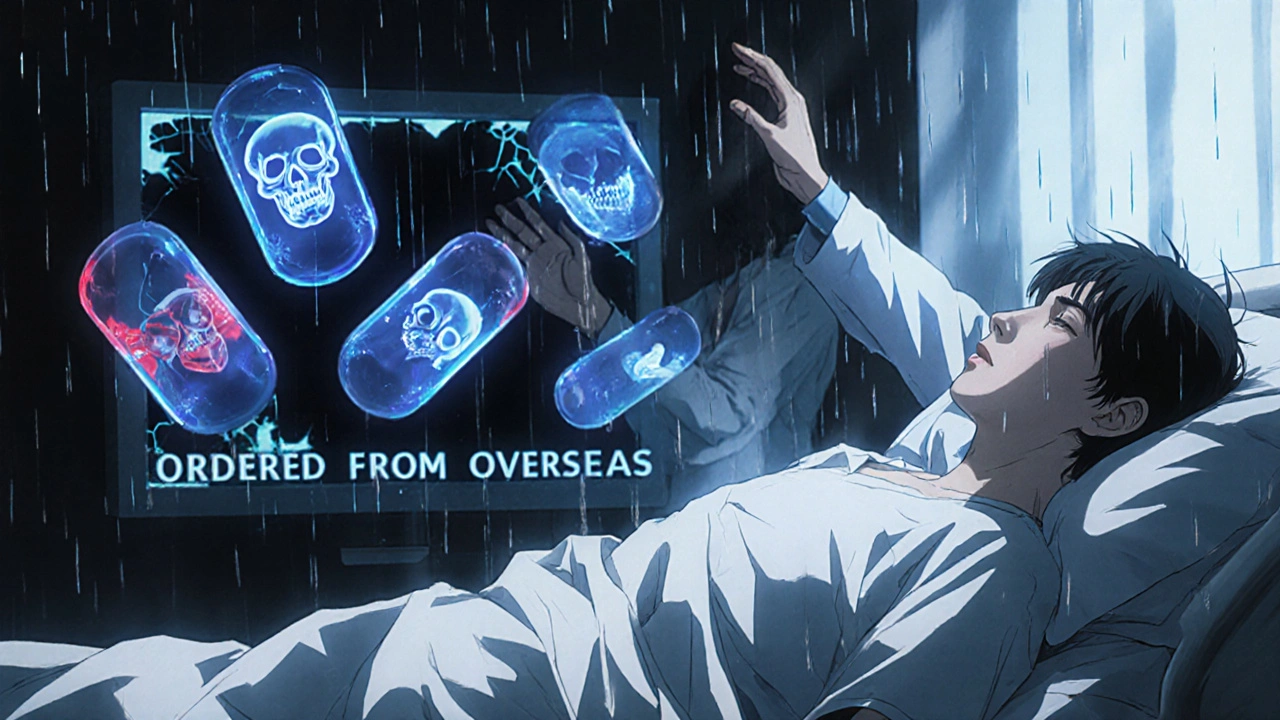 A patient in hospital with ghostly toxic pills floating above, doctor reaching out as rain falls outside.