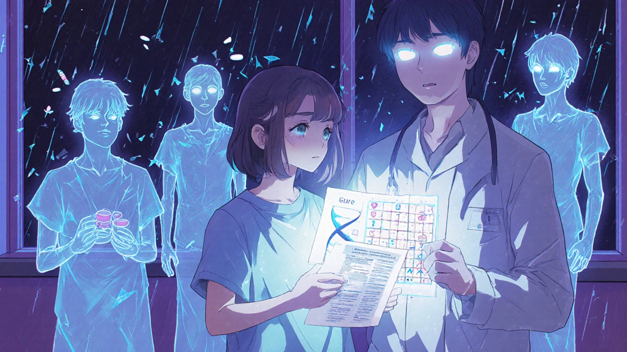 A patient surrounded by shattered pills, with a pharmacist holding a glowing DNA helix projecting a personalized drug matrix.