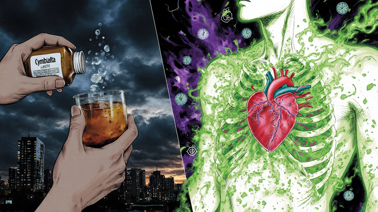 A person drinking alcohol with antidepressants, their body engulfed in toxic green-purple energy as their heart races dangerously.