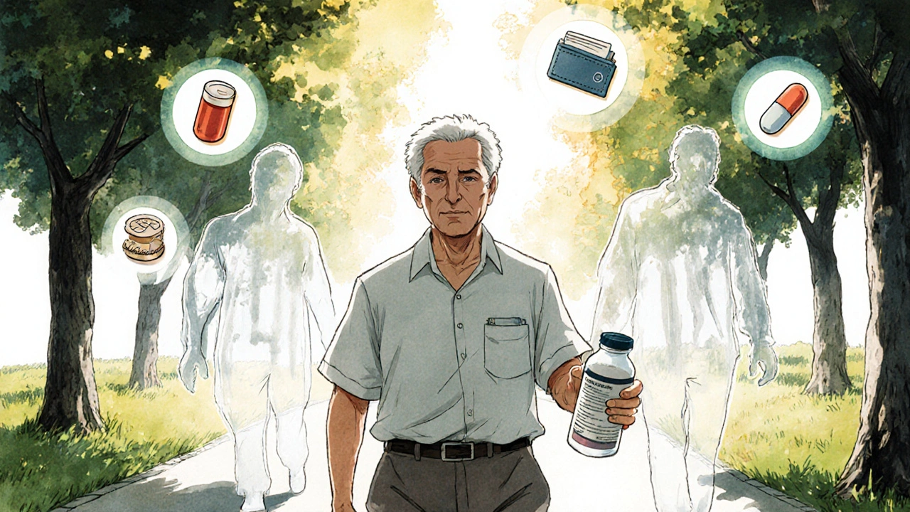 A retiree walks through a park as financial burdens dissolve, with safe medication icons glowing above.