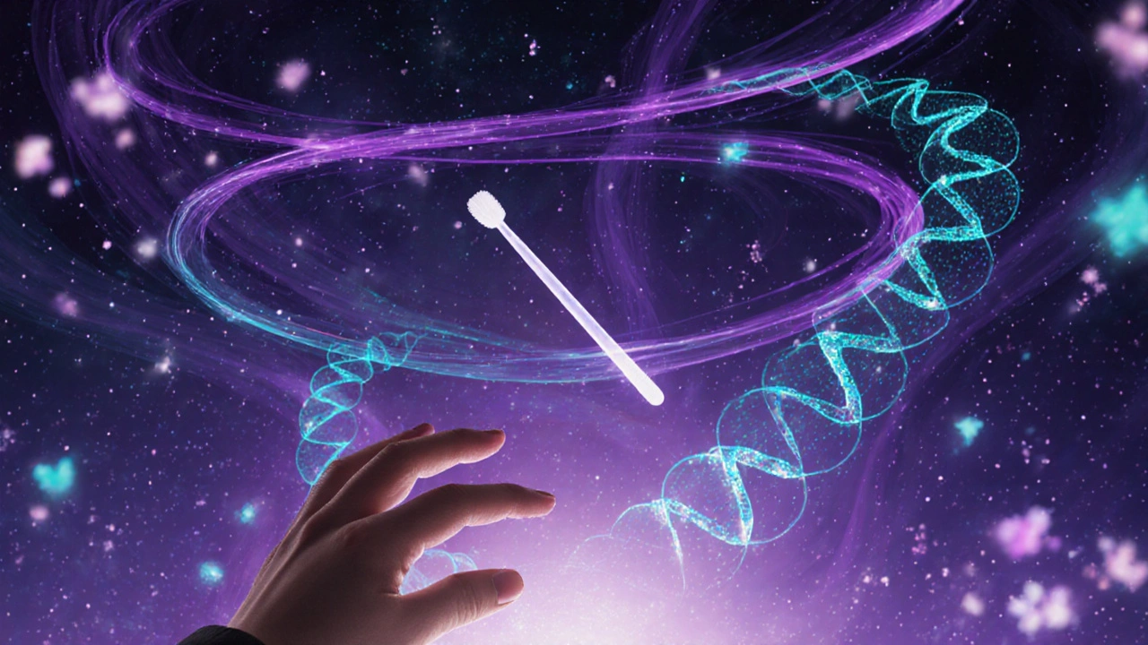 A self-collected HPV swab hovers with glowing DNA streams, surrounded by ethereal particles in a sci-fi medical scene.