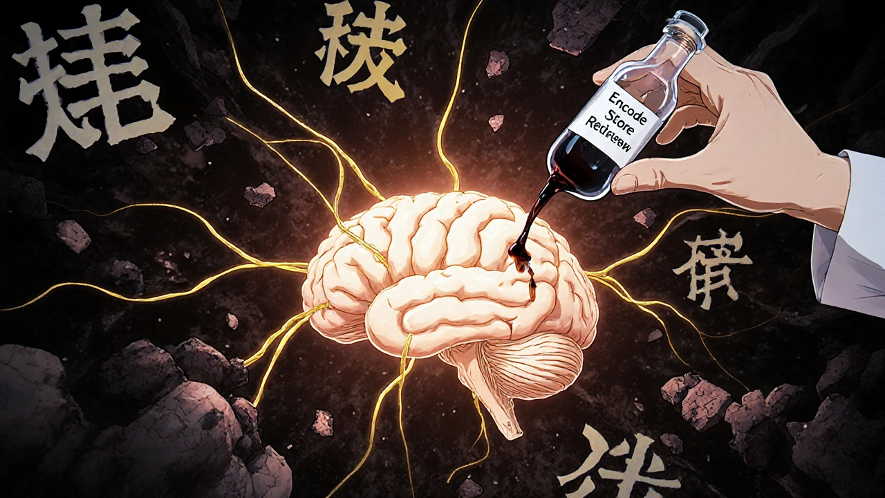 A surreal brain with fading memory traces and a drug vial draining neural activity, rendered in anime style.