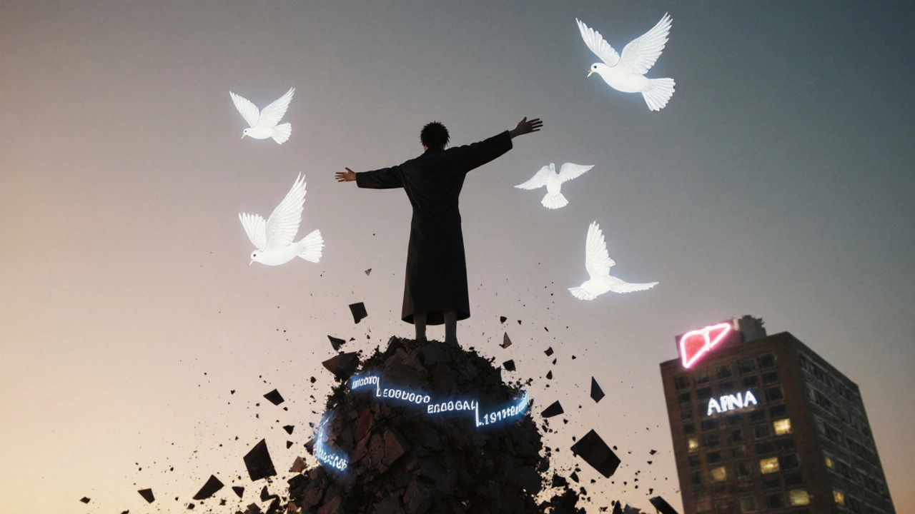 A survivor atop a shattered liver tower, white doves of vaccination flying upward as gene sequences glow on their wrist.