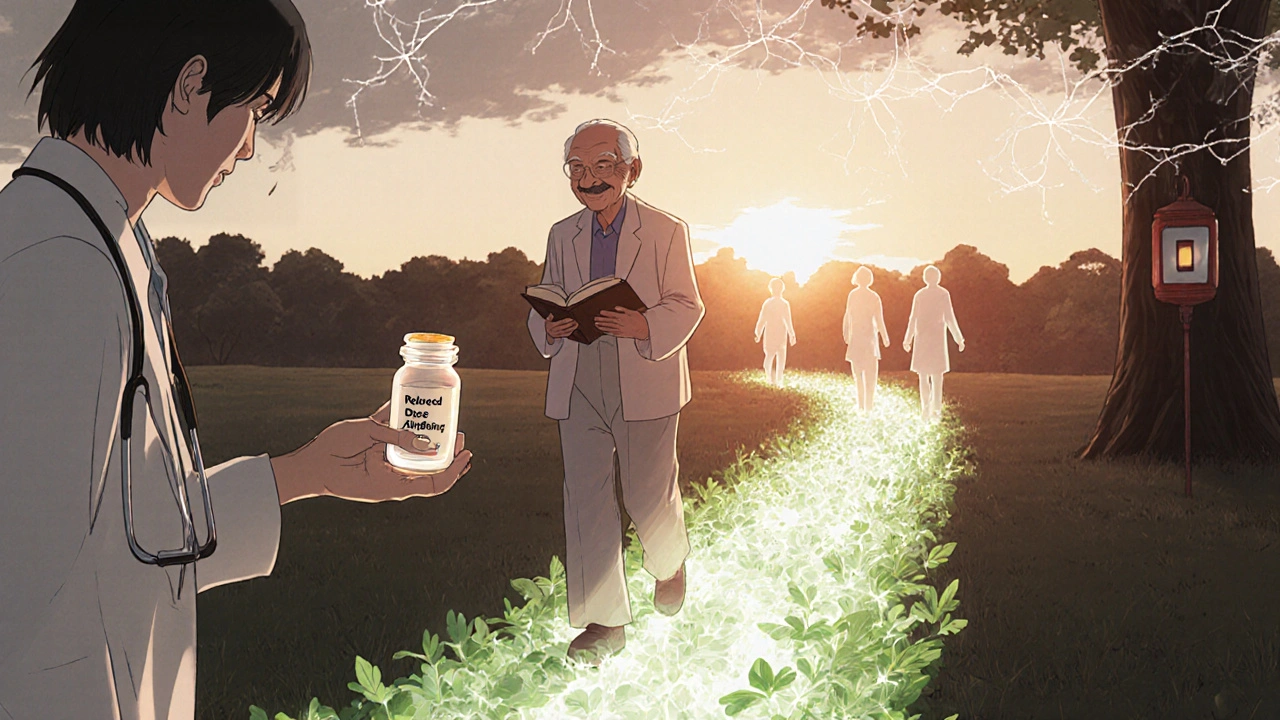 An elderly person walks through a park as past memories fade and new hope grows with reduced medication.