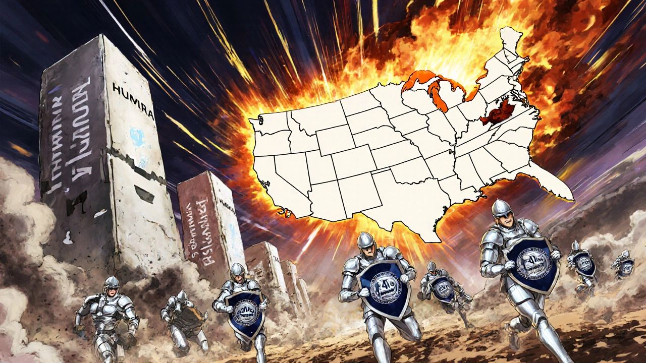 Biosimilar warriors defeating biologic drug monoliths on a battlefield with B savings glowing above.