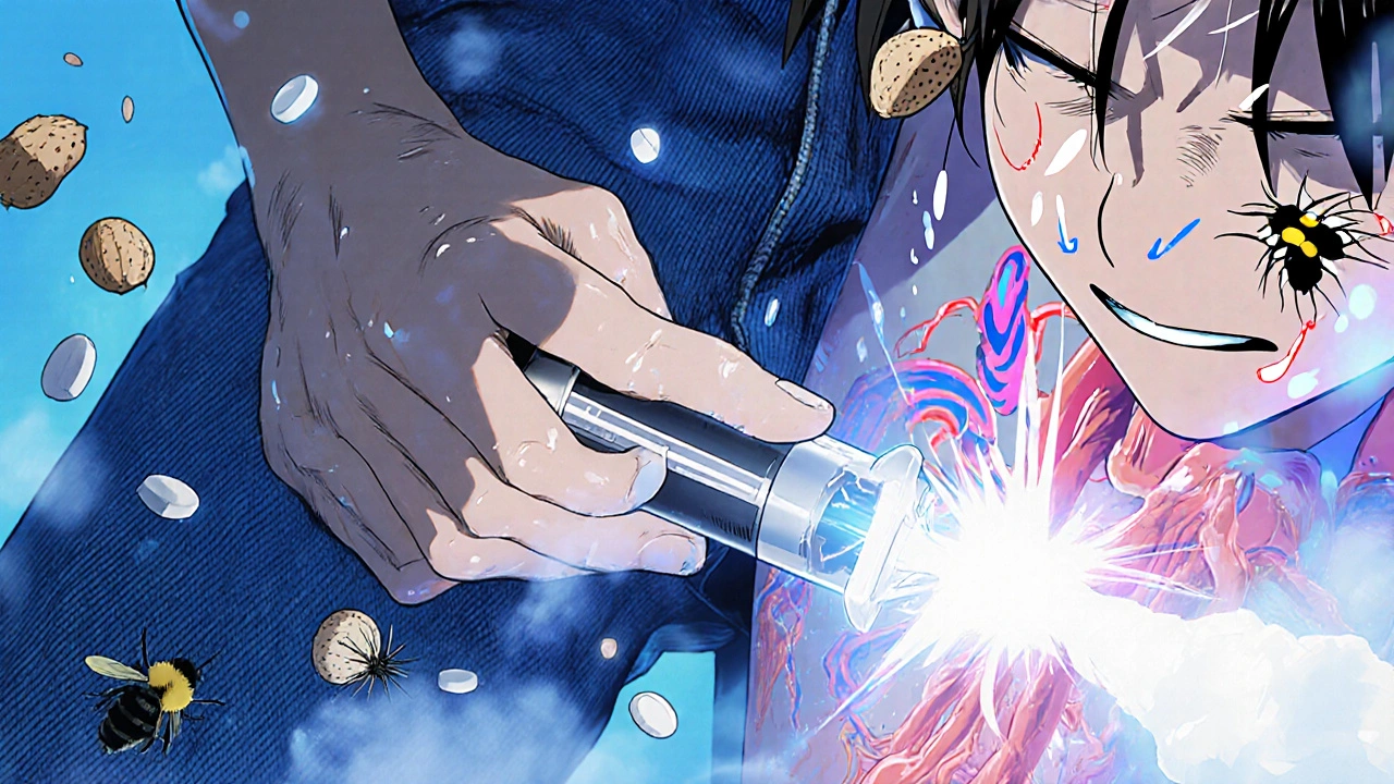 Close-up of an epinephrine auto-injector activating on a thigh, with anatomical energy visuals showing airways opening and blood vessels constricting.