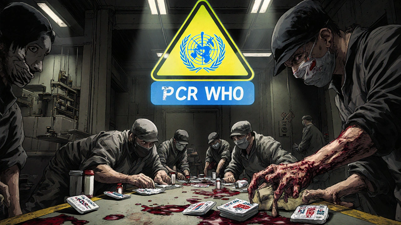 Criminals stamping fake drug logos in a warehouse, toxic sludge on the floor, holographic WHO warning above.