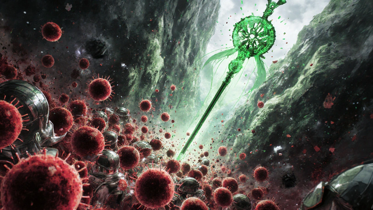 Eosinophil knights charged by a beam of light from an IL-5 receptor staff in an airway canyon.