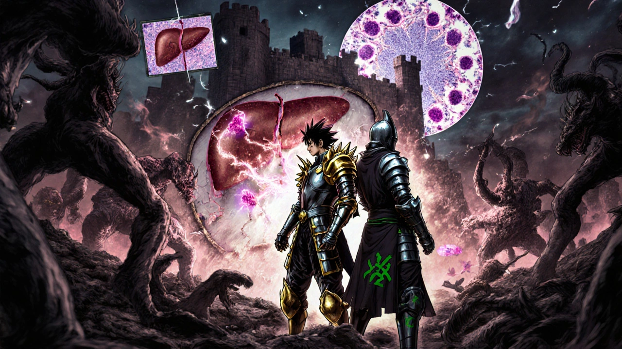 Liver as a castle under siege, healed by steroid and azathioprine knights reversing fibrosis into petals.