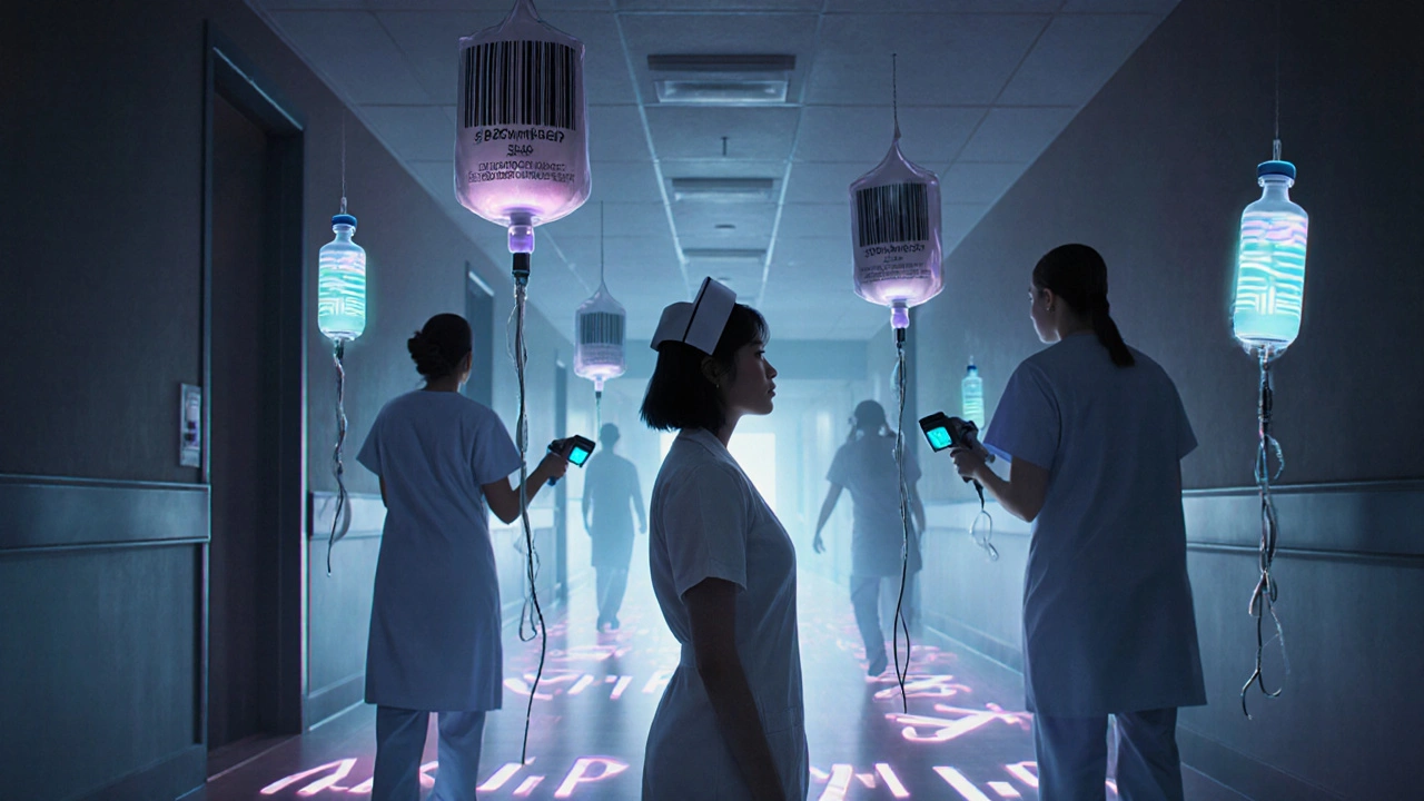 Nurses moving through a hallway with floating medical devices and glowing SBAR symbols