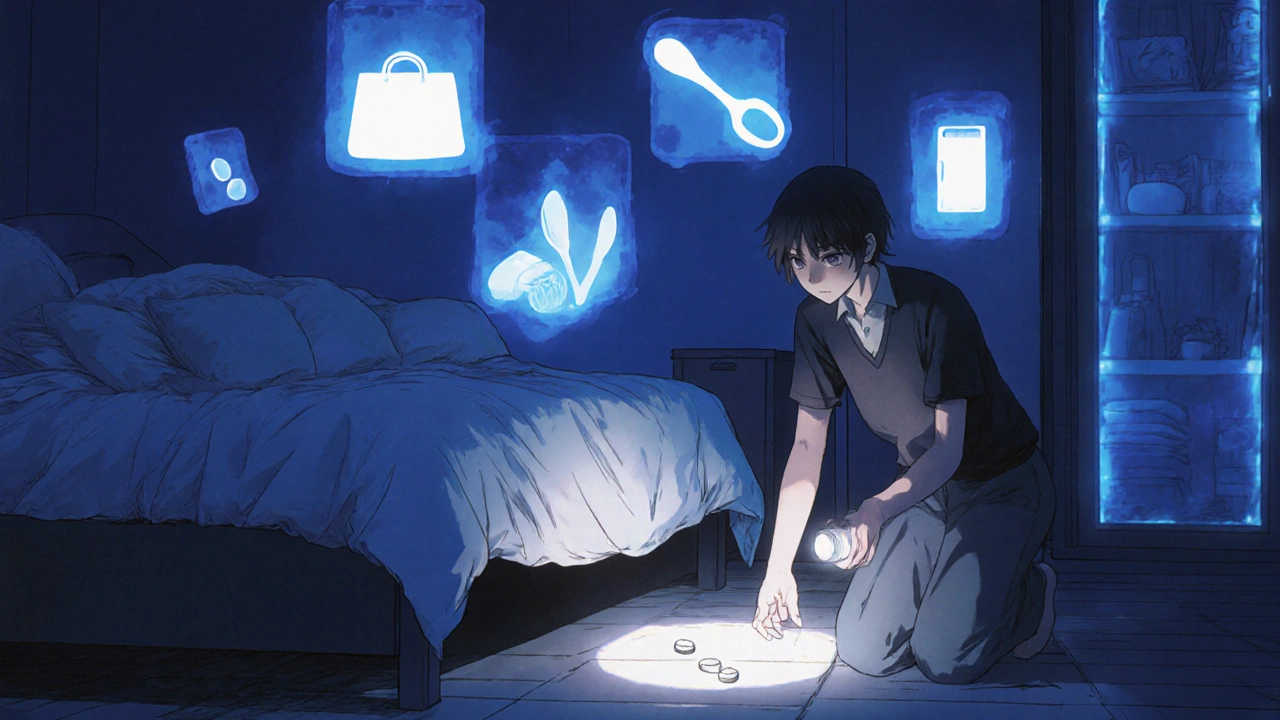 Parent searching floor for dropped pill during weekly safety check, ghostly hazards fade around.