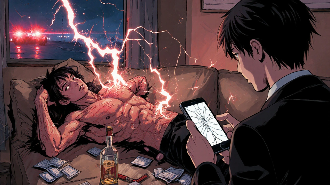 Person convulsing with flushed skin, stimulants and alcohol nearby, bystander calling emergency services.