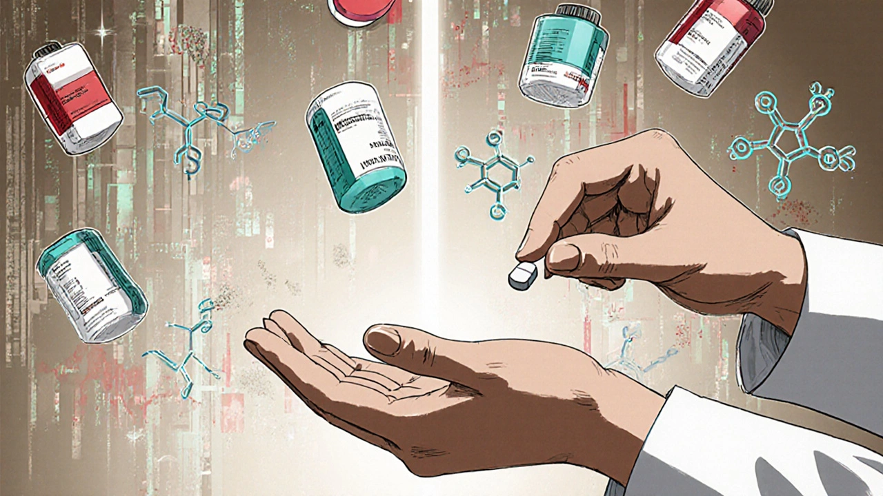 Pharmacist hands a generic pill while molecular structures spin in harmony behind them, showing cost savings.