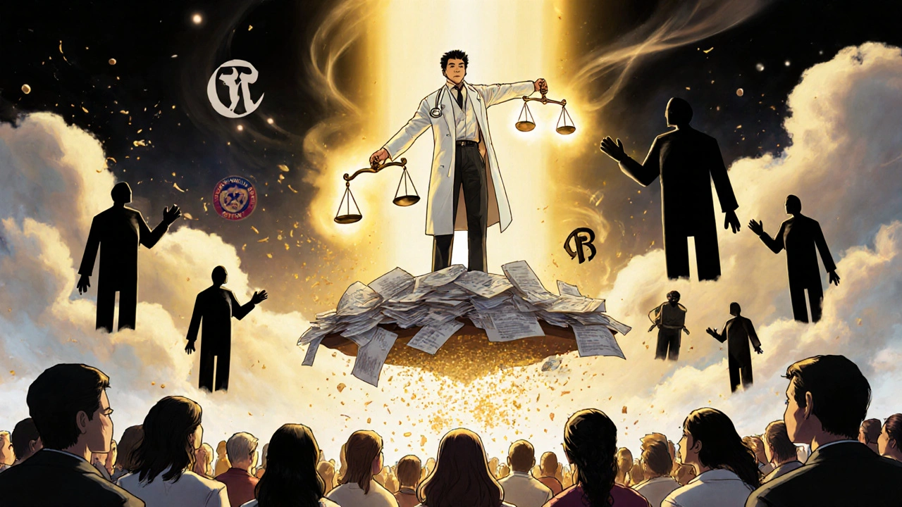 Pharmacist on floating platform of laws, patients looking up as brand-name logos crumble, golden light shining.