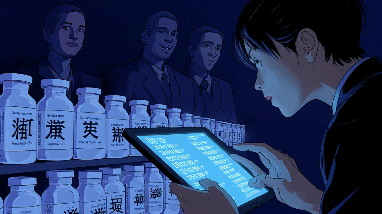 Pharmacist reviewing patient records with glowing batch numbers, biosimilar vials stretching into infinity.