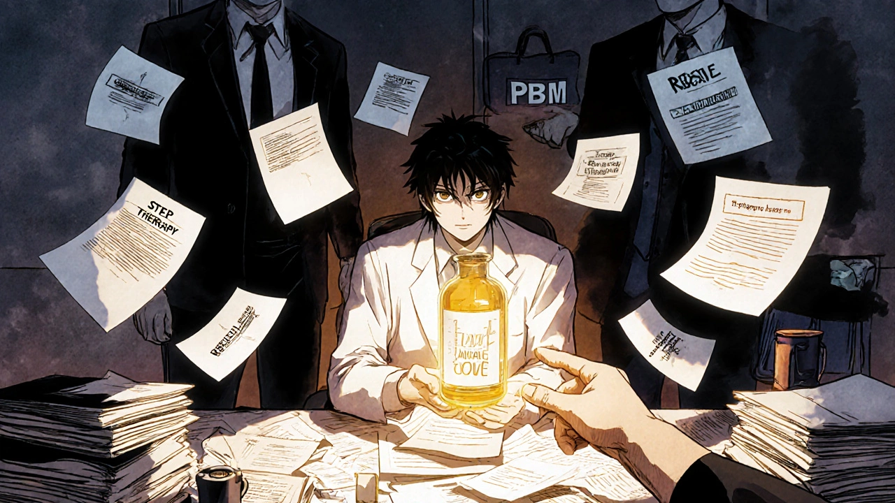 Rheumatologist surrounded by insurance paperwork as a glowing biosimilar vial illuminates their hand.