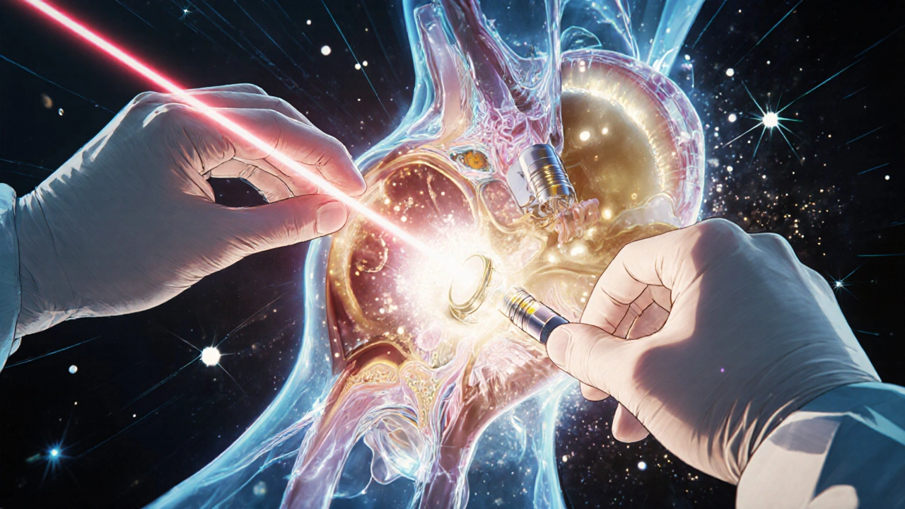 Surgeon using laser to replace a fixed stapes bone with a tiny prosthesis, glowing ear anatomy.