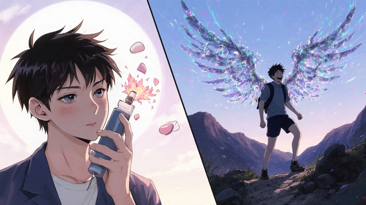 Teen with auto-injector transforms into a hiker, shadow becoming a guardian of IgE and IL-5 molecules.