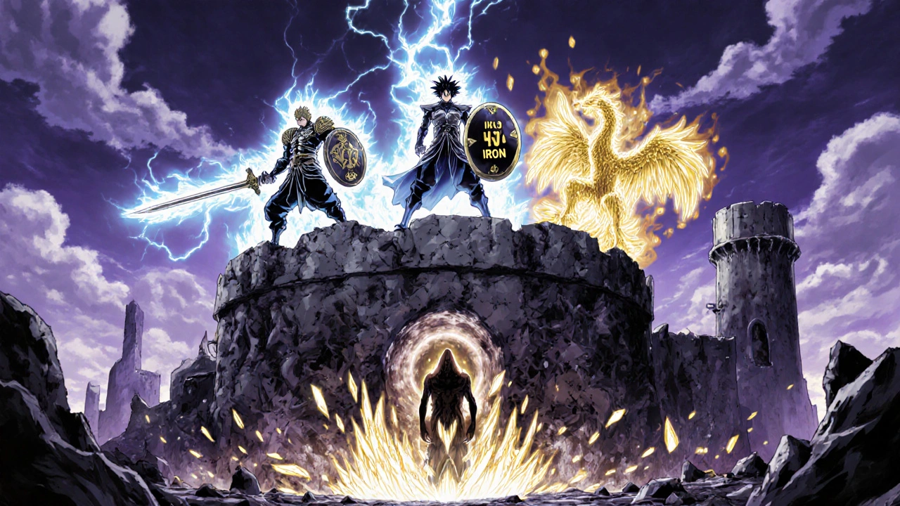 Three elemental guardians battle over a kidney fortress while a shadowy IV iron figure drains energy.