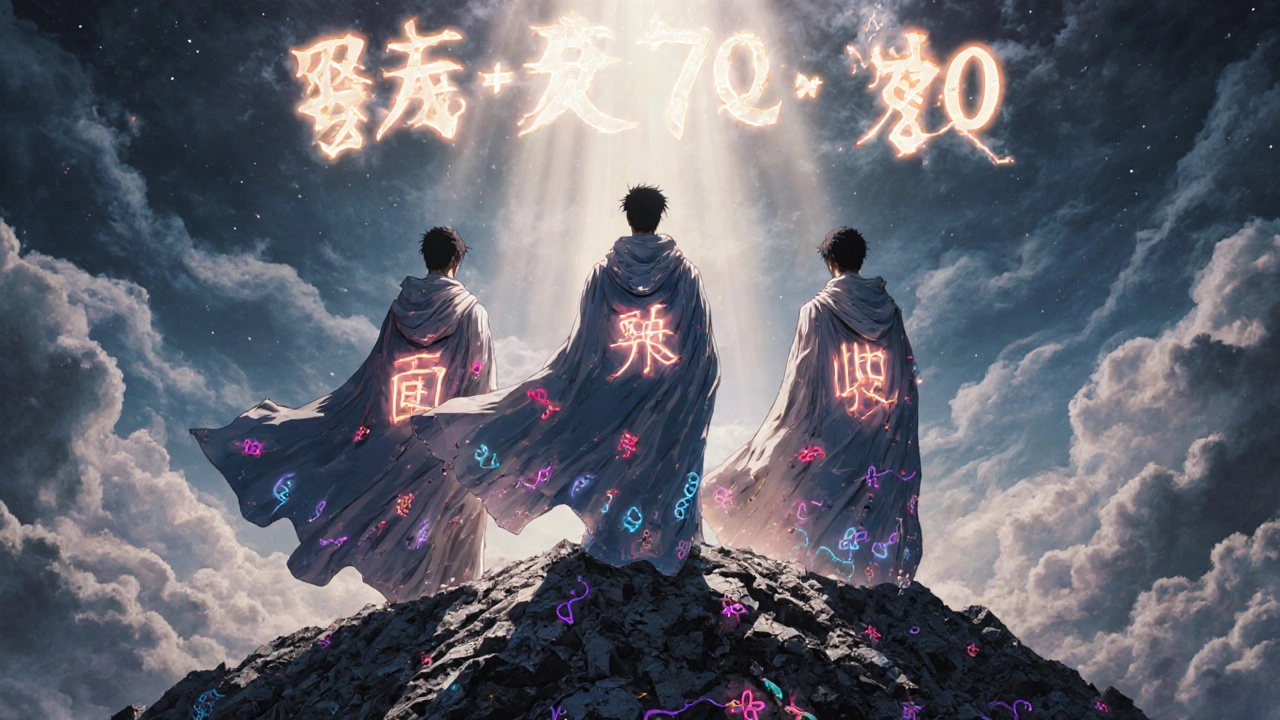 Three symbolic figures stand atop a mountain of destroyed cancer cells, their cloaks made of medical symbols under a radiant sky.