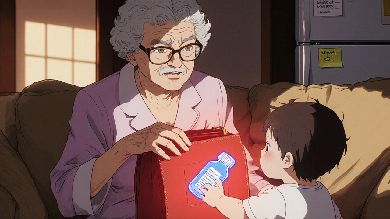 Toddlers pulling pill bottle from purse on couch, warning aura around bag, dosing note on fridge.