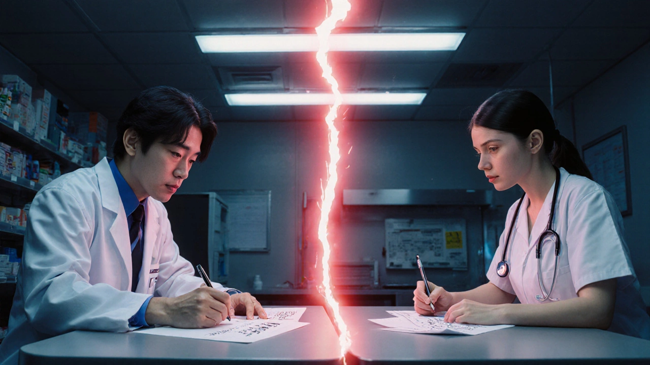 Two healthcare workers independently calculating doses, tension in the air