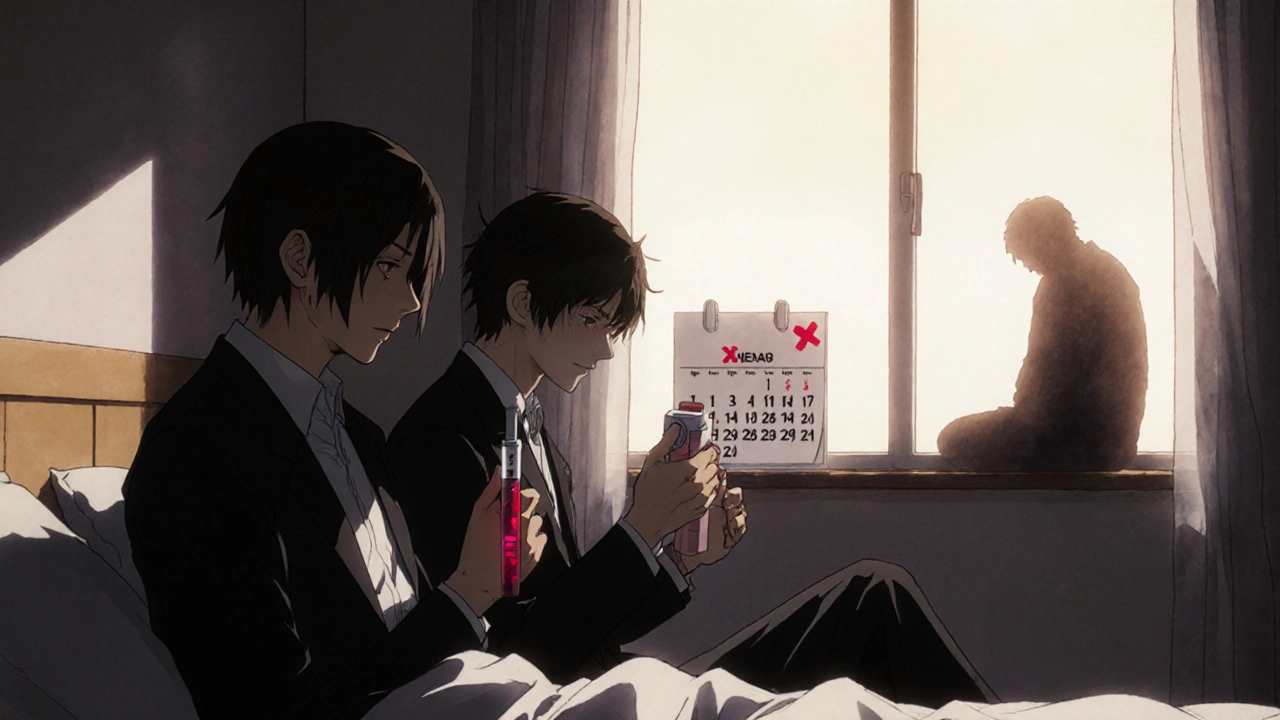 Two people holding a fentanyl test strip and naloxone spray, morning light, solemn expression.