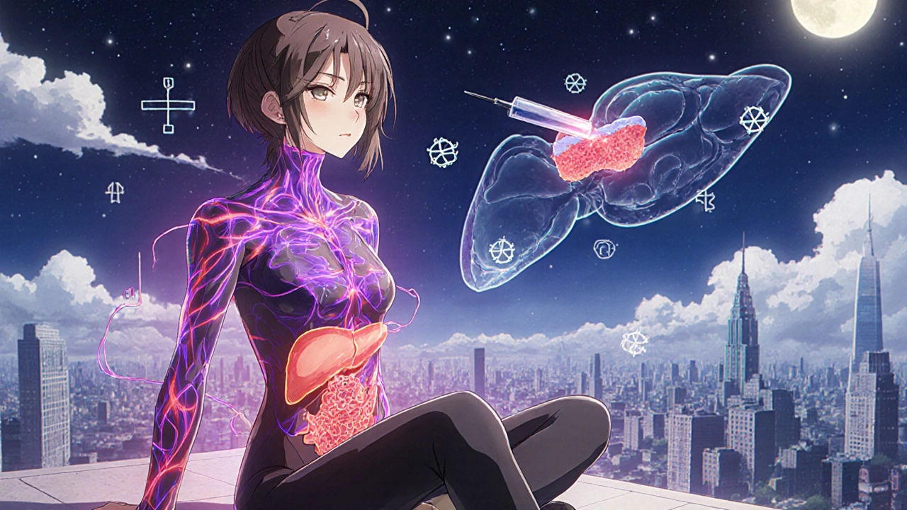 Woman with glowing liver inflammation, floating above organ cityscape as biopsy needle extracts tissue with antibody runes.
