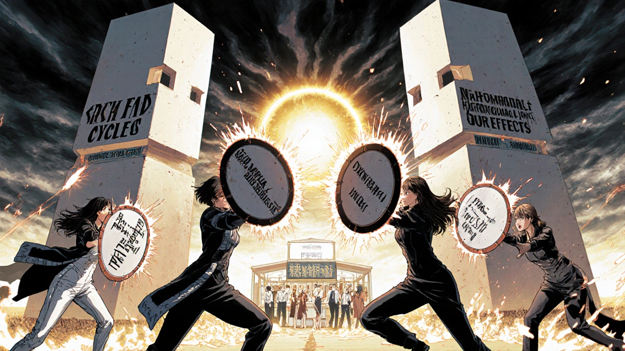 Women defend themselves against giant drug monoliths using shields representing biological differences, under a rising FDA roadmap.