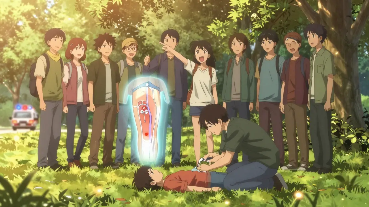 A child lies flat in a park as a parent administers epinephrine, with a ghostly diagram of the injection site nearby.