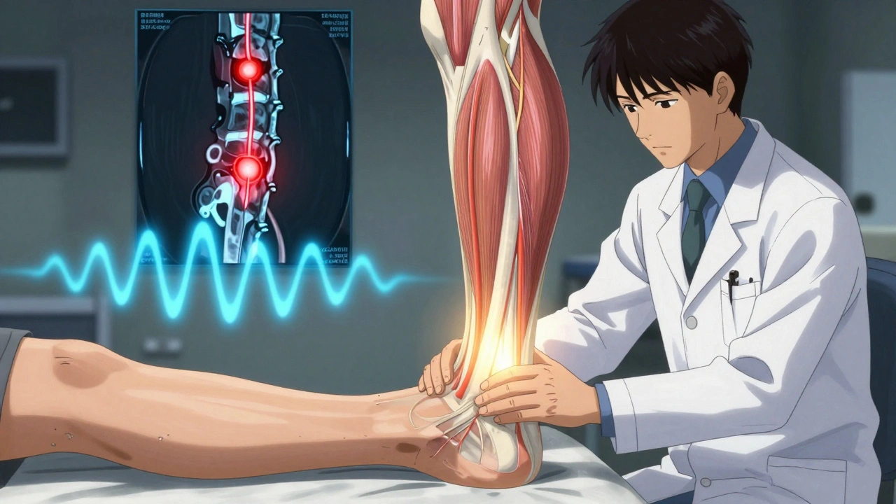 A doctor examining a patient&#039;s foot, with a glowing muscle map and spinal MRI floating in the background.