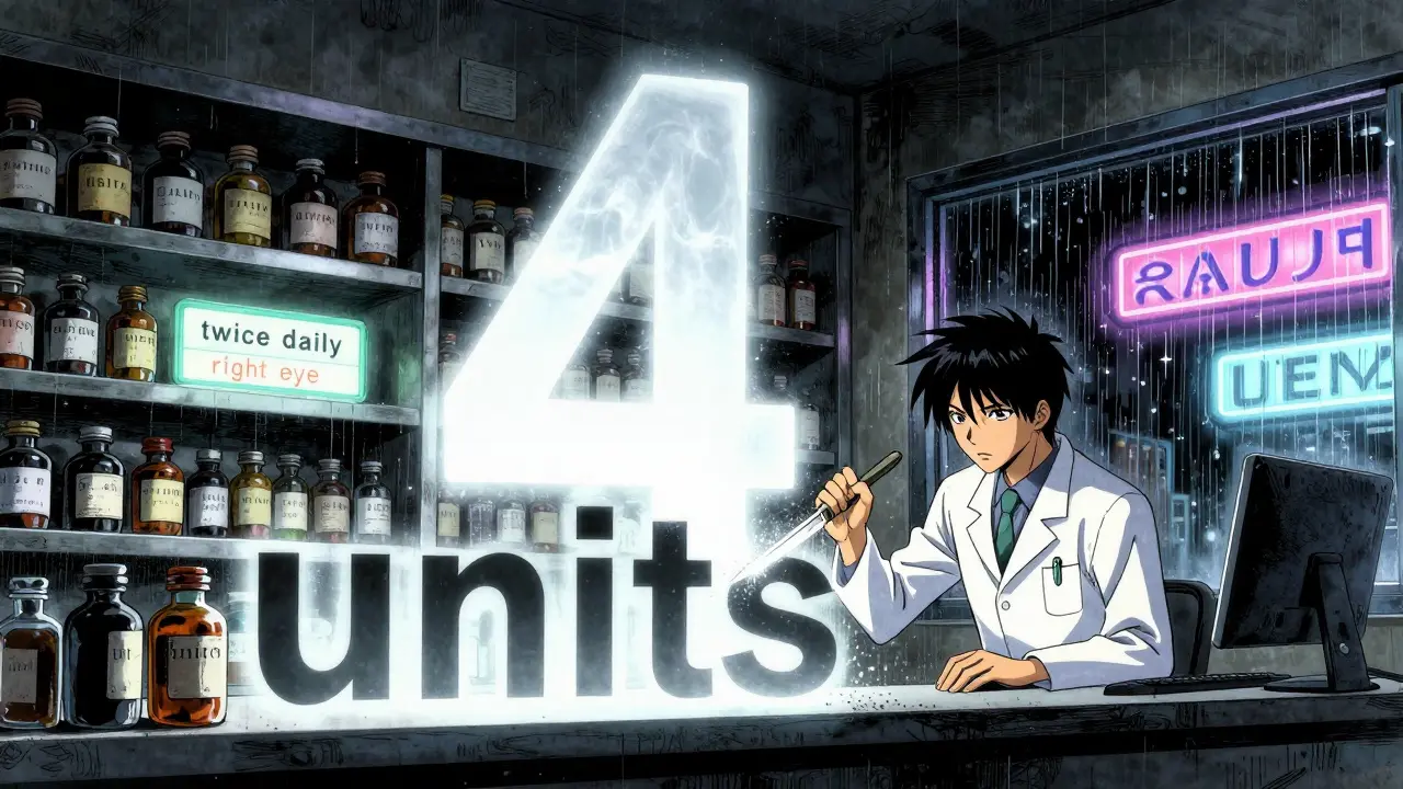 A ghostly 'U' symbol transforms into 'units' as a pharmacist cuts through it with a glowing scalpel in a neon-lit pharmacy.