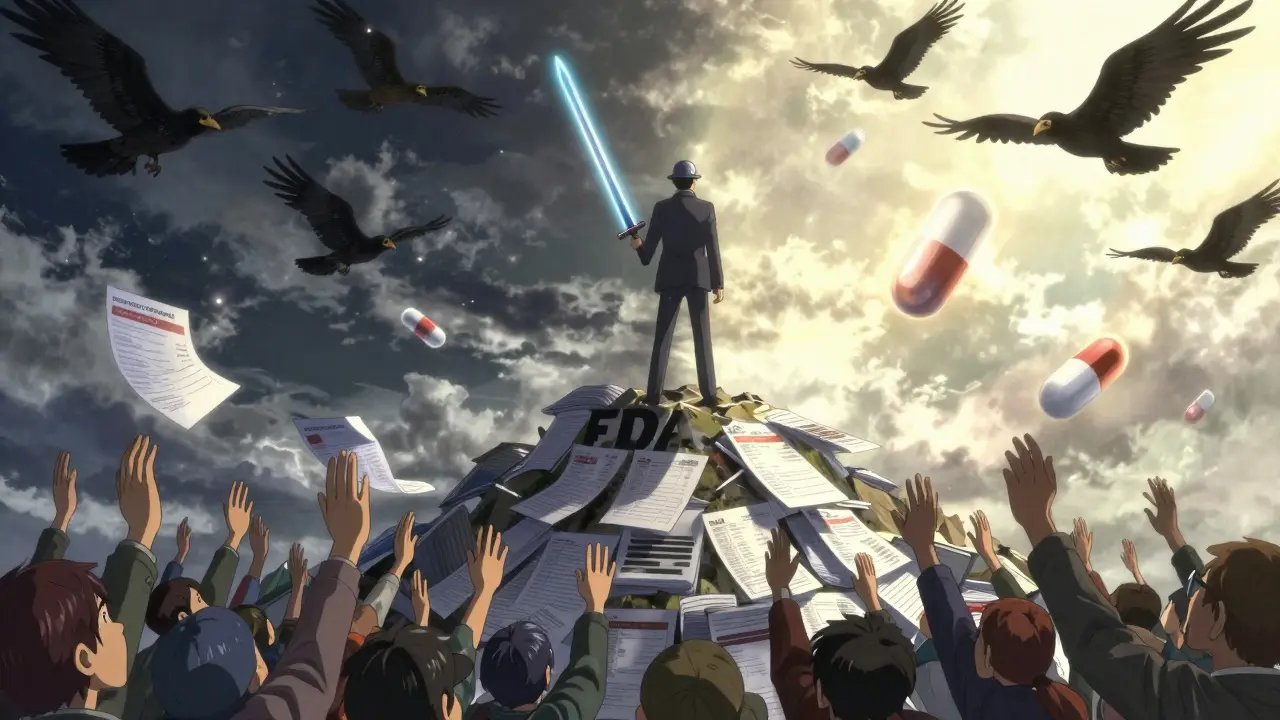 A lone generic manufacturer stands atop rejected petitions and AI algorithms, holding an ANDA application as citizens reach up from below.