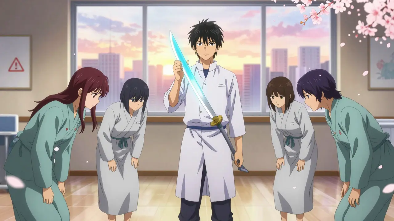 A patient holds a 10mg rosuvastatin tablet as five spectral guardians surround them, symbolizing key health monitors.