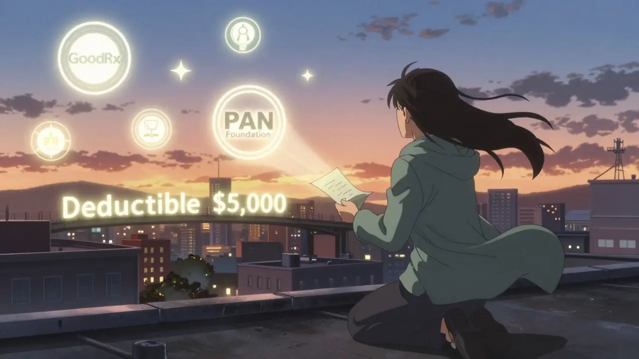 A patient on a rooftop receives aid from glowing nonprofit programs as the sun sets.