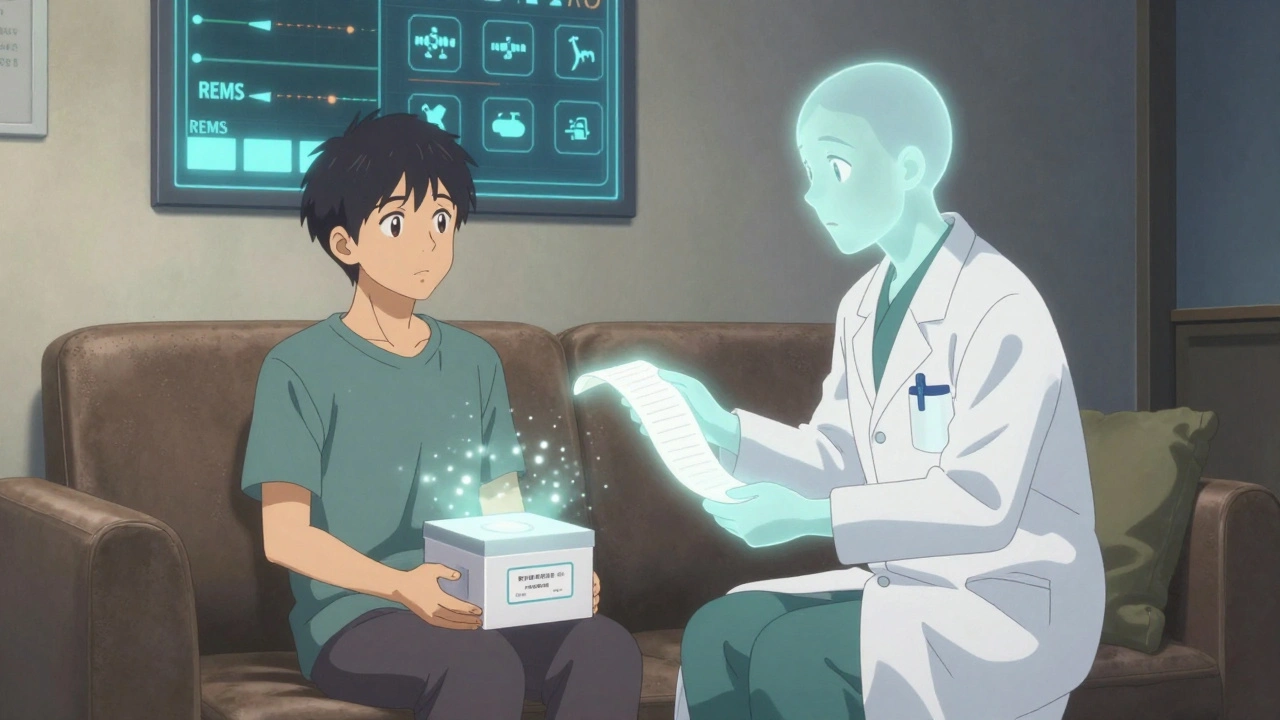 A patient receiving a delivery box as a spectral pharmacist offers guidance in their living room.