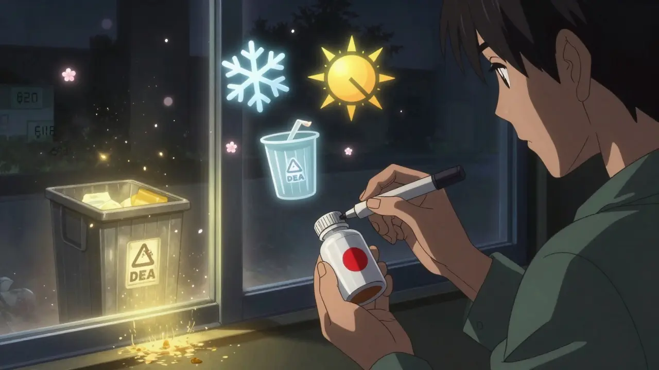 A person labeling medicine with colored stickers as floating safety icons glow in the night.