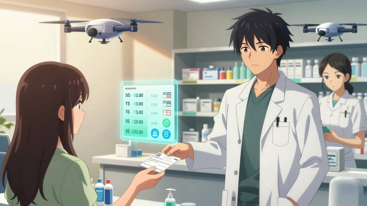 A pharmacist hands a prescription in a modern specialty pharmacy with digital cost panels floating nearby.