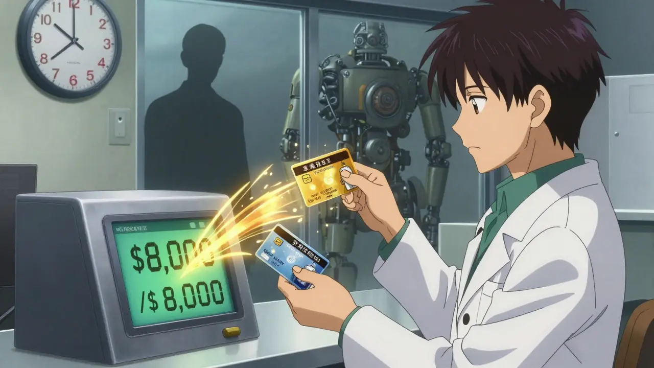 A pharmacist swipes two cards while a digital counter shows ,000 used up by July.