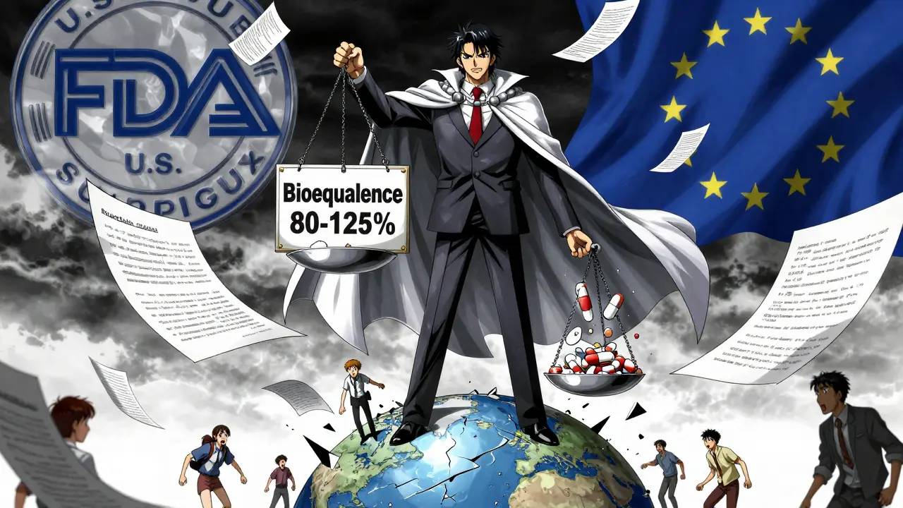 A regulatory figure balances NTI drugs on a scale while crushing outdated equivalence standards.