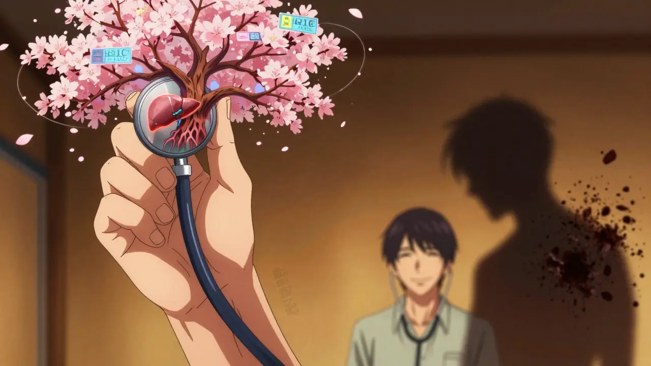 A stethoscope transforms into a tree rooted in liver and kidney organs, with floating health data spiraling upward.