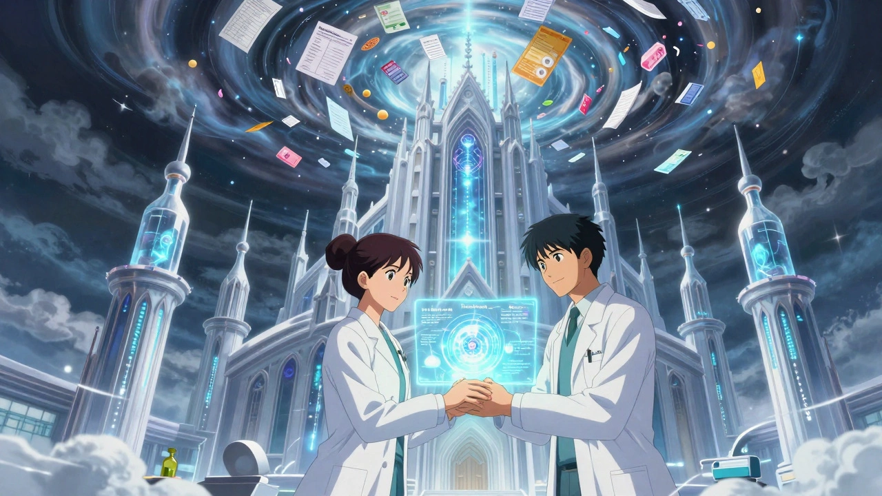 A towering pharmacy facility with providers and pharmacists standing before a hologram of biosimilars and generics.