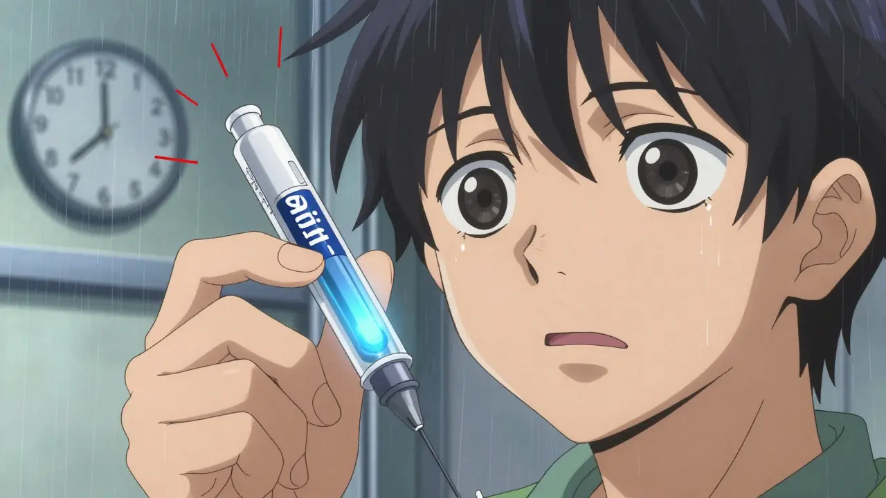 A trembling hand holds an expired EpiPen under hospital lights, with a clock showing time running out.