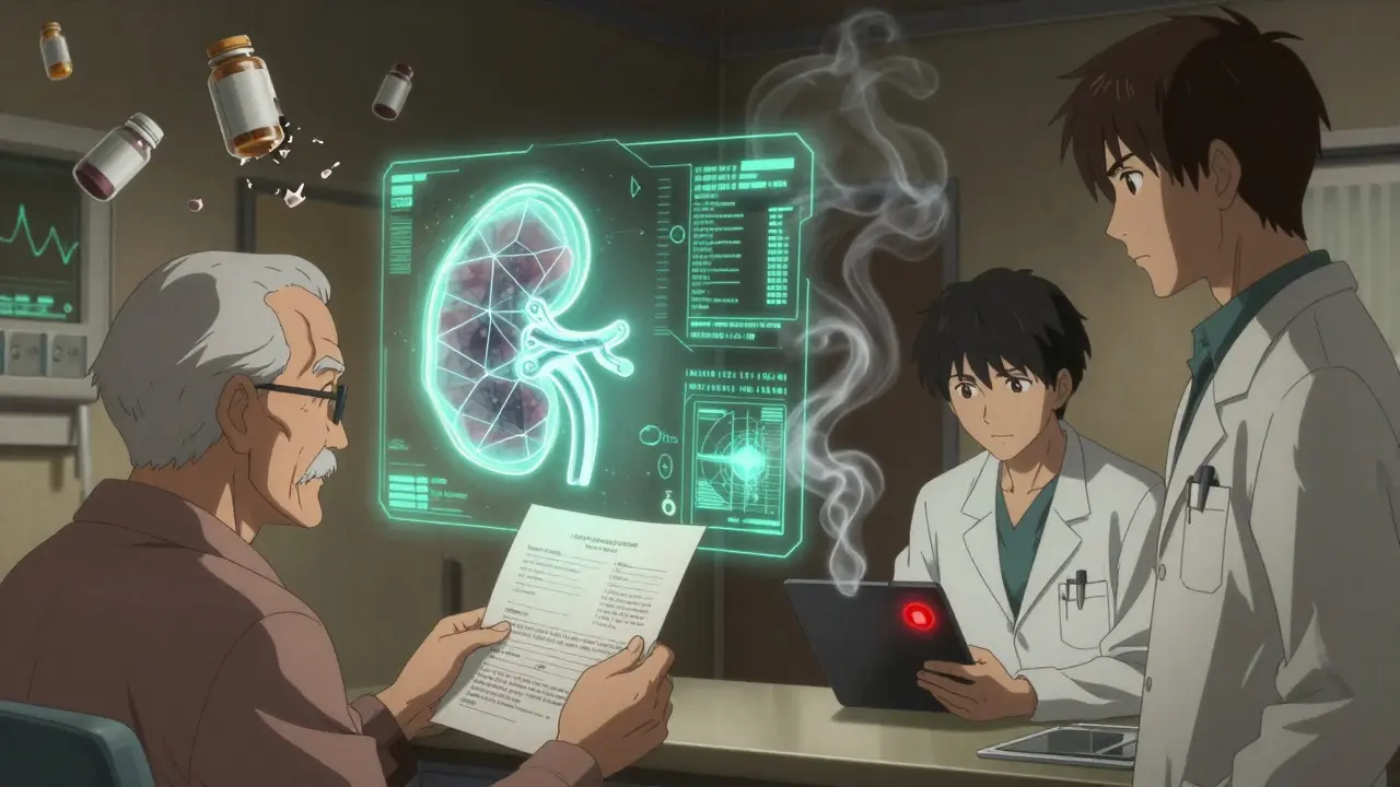 AI kidney core projecting holograms in a hospital room, elderly man holding lab results as phantom self watches.
