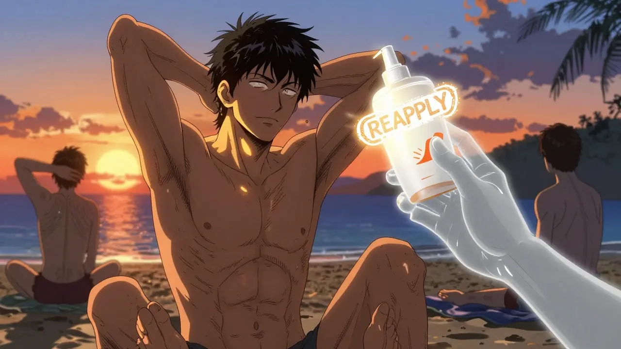 Beachgoer reapplying sunscreen at sunset, glowing 'REAPPLY' stamp blocking neglect, sun highlighting missed areas.